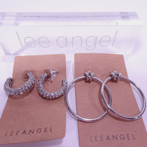 Neiman Marcus Lee Angel Chunky Crystal Pave Rings Hoop Earrings NWT 98 Ea Set 2 - Picture 1 of 5